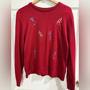 Red Embroidered Women's Wildflower Columbine Lightweight Sweater